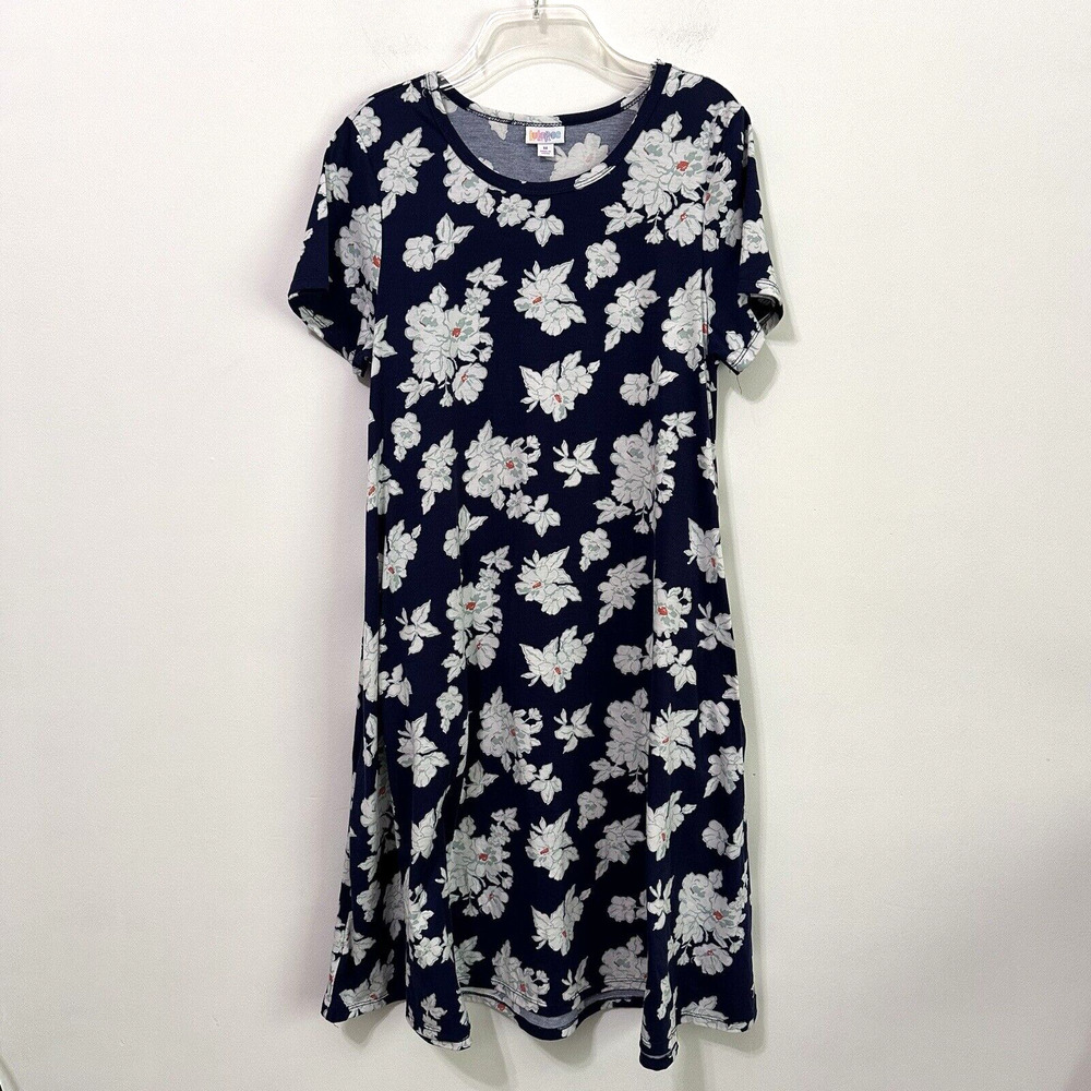 LuLaRoe Stretch Knit Dress M Floral Navy Short Sleeve Pockets Travel Comfy‎ Work